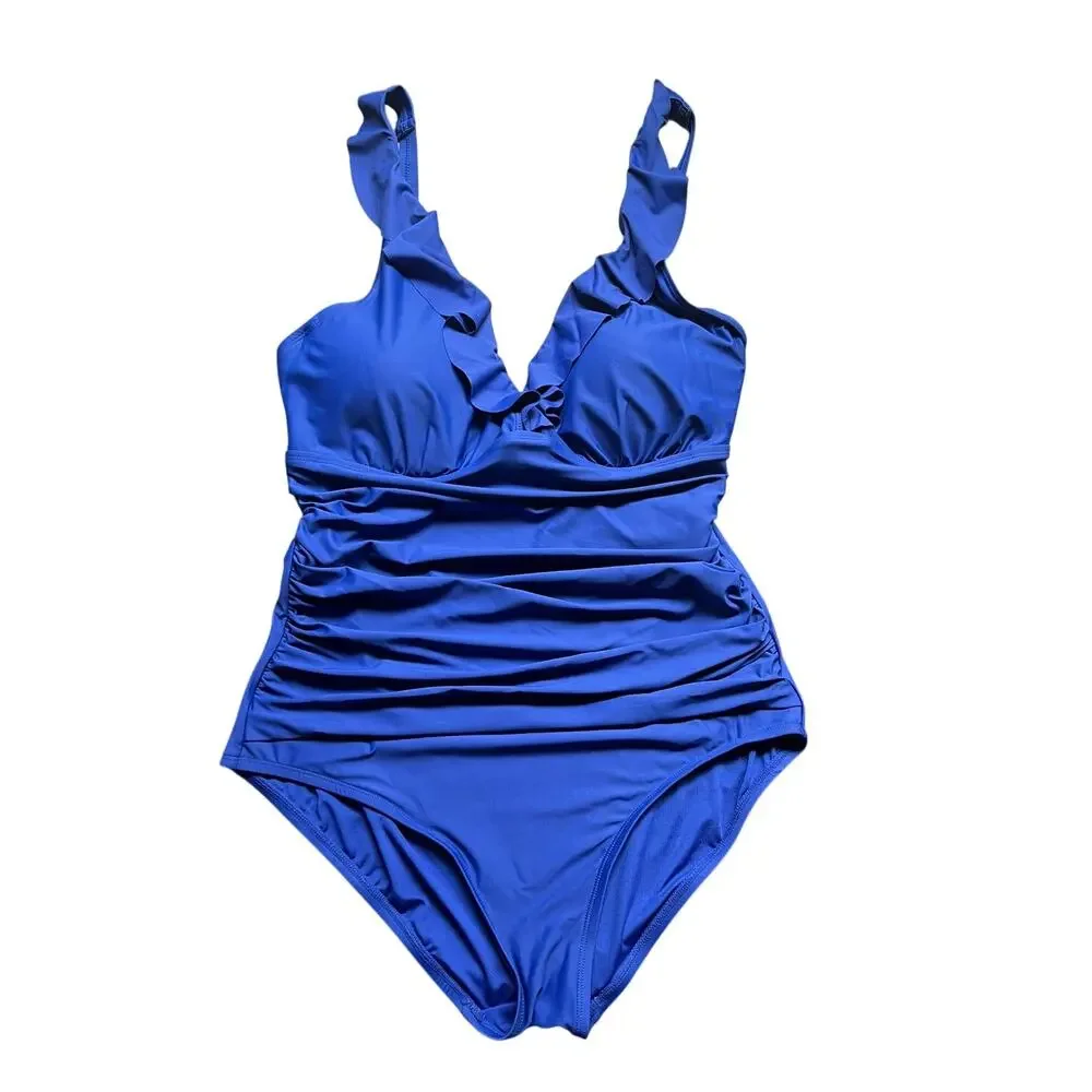 DKNY WOMENS SIZE XLARGE RUFFLE PLUNGE UNDERWIRE ONE PIECE SWIMSUIT BLUE NEW